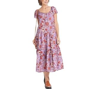 Knox Rose MEDIUM Purple Haze Floral Flutter Sleeve Tiered Maxi Dress Pockets